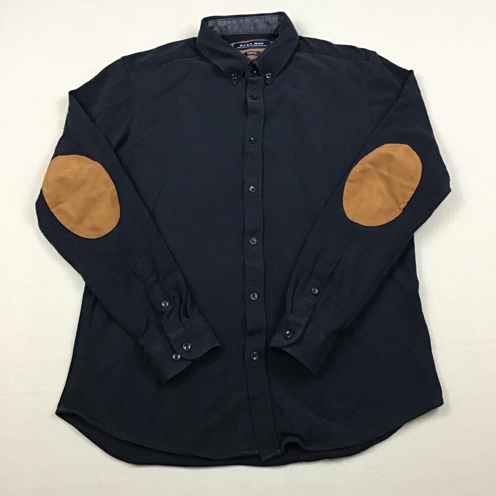 Zara Shirt Men Medium Navy Blue Slim Fit Long Sleeve Button Up Elbow Patches M